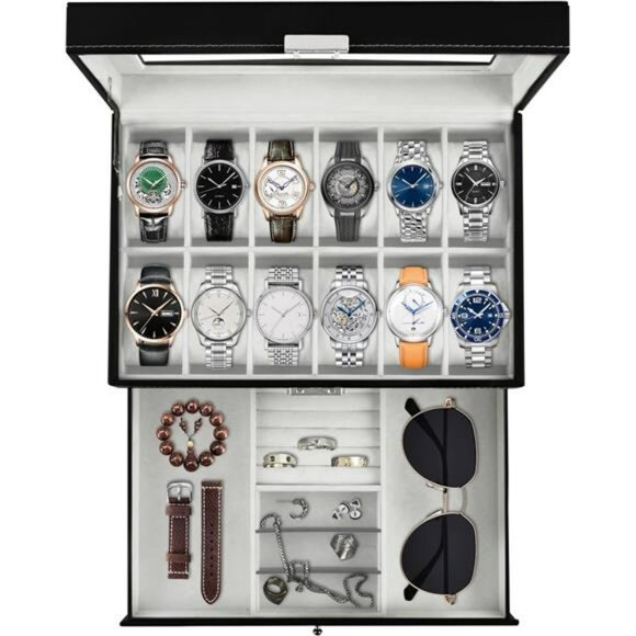 Watch Display Box 12 Slot PU Leather Jewelry Organizer with Glass Lid Drawer - Picture 1 of 7